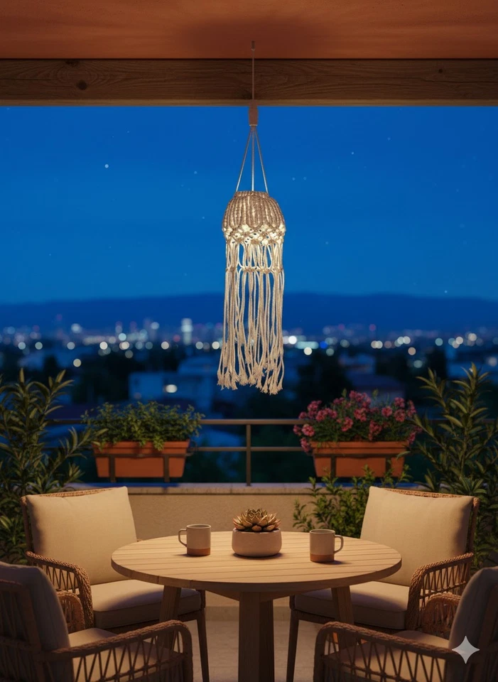 Makramee Lampe, Boho Hängelaterne, Lampion Makramee Qualle, Boho Lichtdekoration - Bild 2 von 4