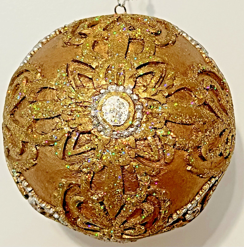 Large 3.5" VTG Gold Acrylic Ball Ornament Embossed 3D Scrolls Rainbow Glitter