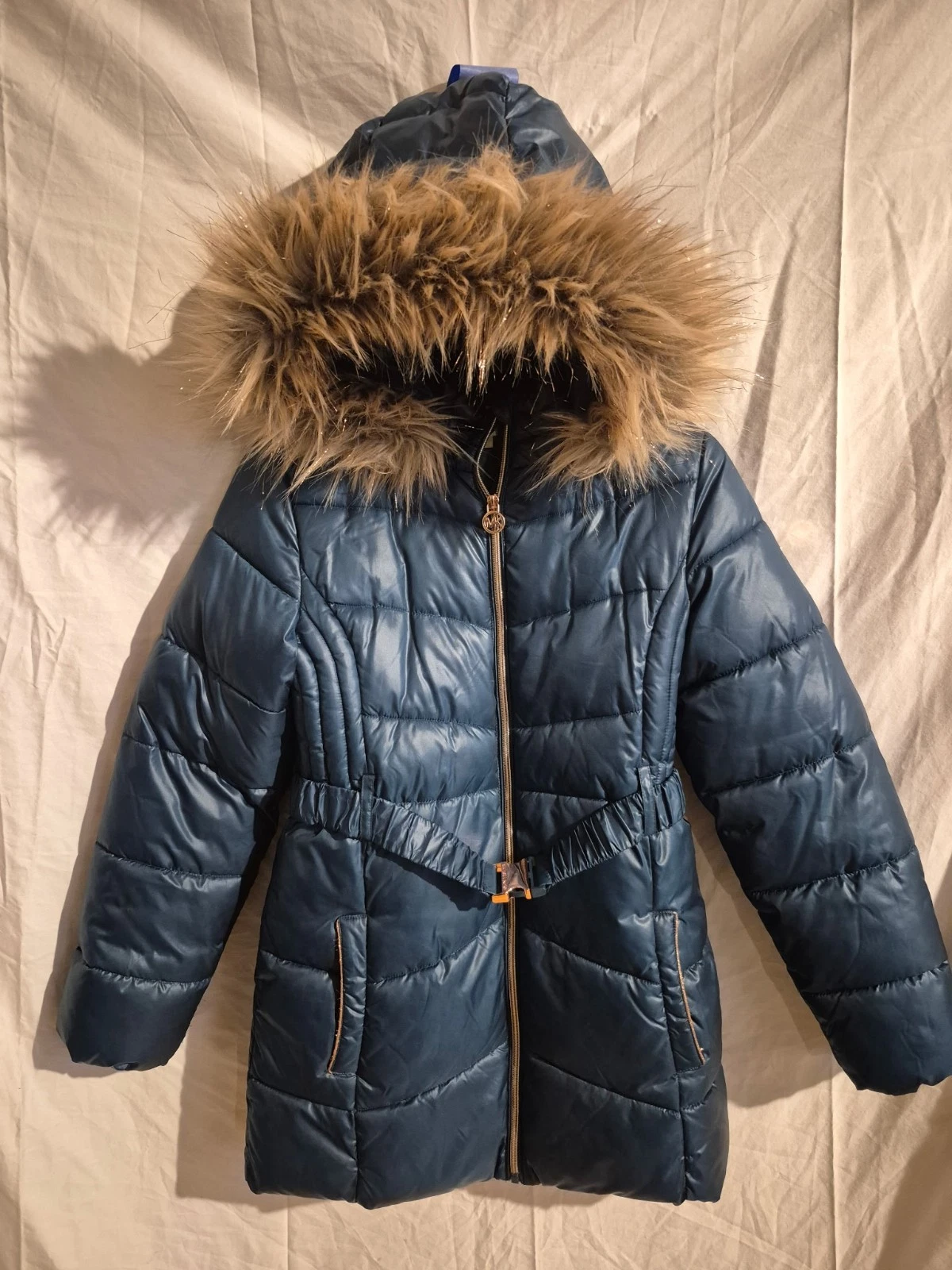 Michael Kors Blue Puffer Jacket Size 16 Removable Fur Collar Button Pockets Kids