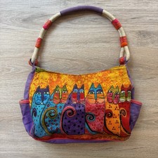 Laurel Burch Fantastic Cats Canvas Cloth Shoulder Bag Large Zip Cat Print Purse