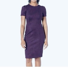 Calvin Klein 4 Plum Sheath Dress Faux Suede Puff Sleeve Gold Purple Office Holid