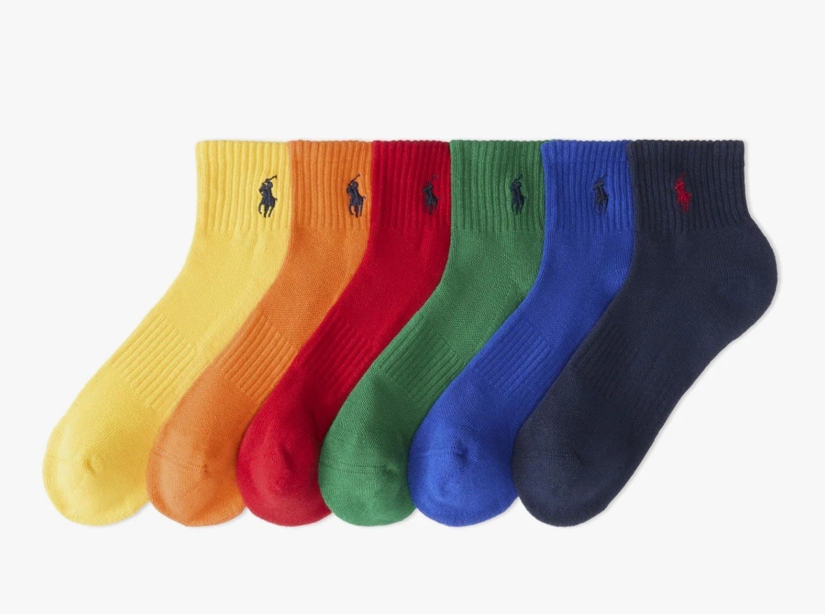 Polo Ralph Lauren Athletic Cotton Ankle Socks 6 Pair 6-12.5 Solid Rainbow Multi
