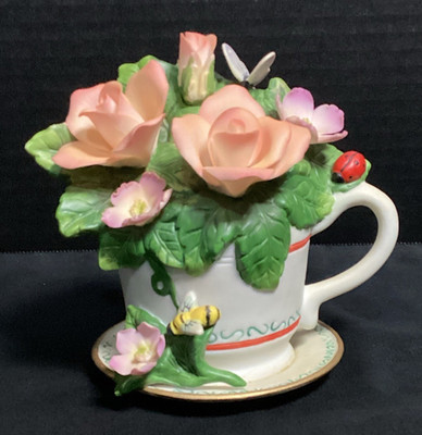 VINTAGE Capodimonte Teacup w/ Pink Roses, Flowers, Butterfly, Bee, & Ladybug