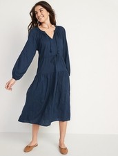 Old Navy Midi Dress M Long Slv Tassel Peasant Cottage Core Prairie Tiered