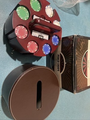 Retro 1951  leather Gear'' Wooden Poker Caddy W Professional Chips & Cool Cards!