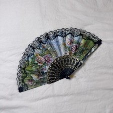 Vintage Floral Print folding hand Fan with black lace trim