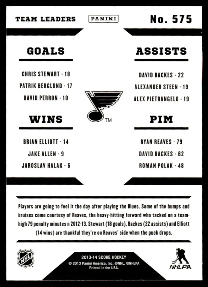 2013-14 Score Gold Brian Elliott/Chris Stewart/David Backes/Ryan Reaves #575 - Image 2 of 2