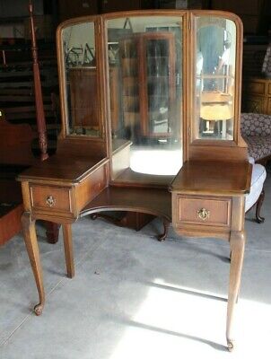 1930s Antique Walnut Vanity And Trifold, Antique Vanity With Mirror