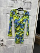 Pretty Little Thing Green Abstract Print Slinky Ruched Front Flare Sleeve Dress