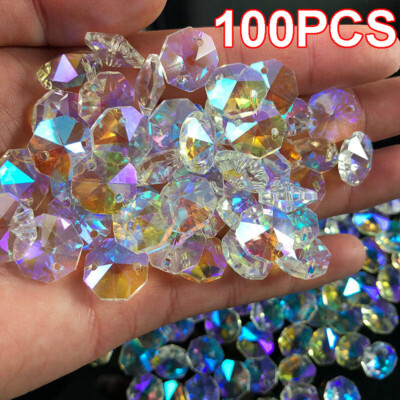 100PCS AB Octagonal Bead Crystal Rainbow Chandelier Suncatcher Prism Ornament