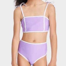 Cat  Jack Kids Girls' Tie Strap Sleeve Two-Piece Swimsuit Purple S 6/6X NWT
