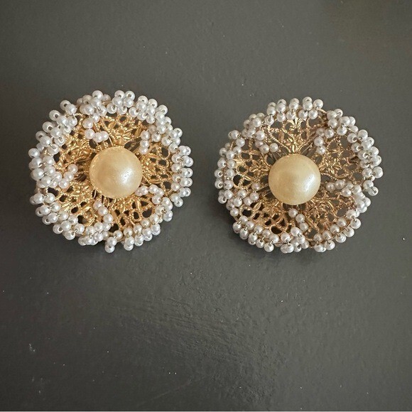 Vintage Clip On Studded Faux Pearl Gold Tone Earrings Old