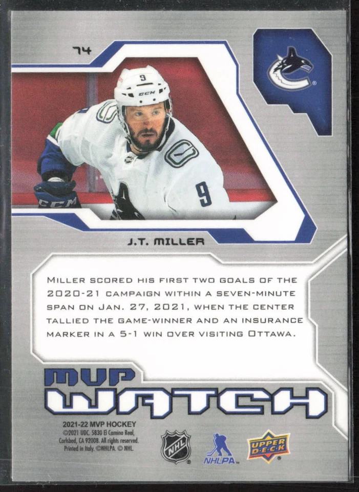 2021-22 Upper Deck MVP #74 J.T. Miller 20th Anniversary - Image 2 of 2