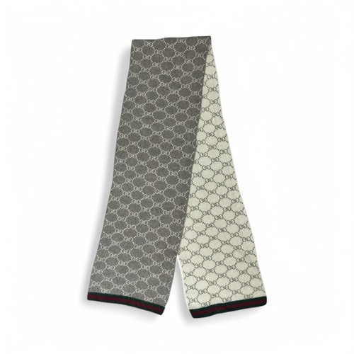 Authentic Gucci Scarf GG Monogram Web Reversible Gray and Ivory Wool