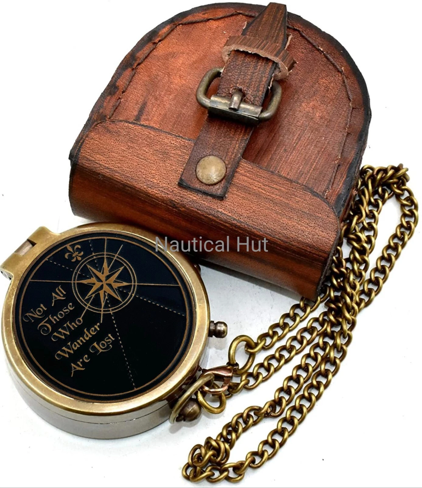 Not All Those Who Wander Are Lost Brass Antique Compass With Leather Case Gift