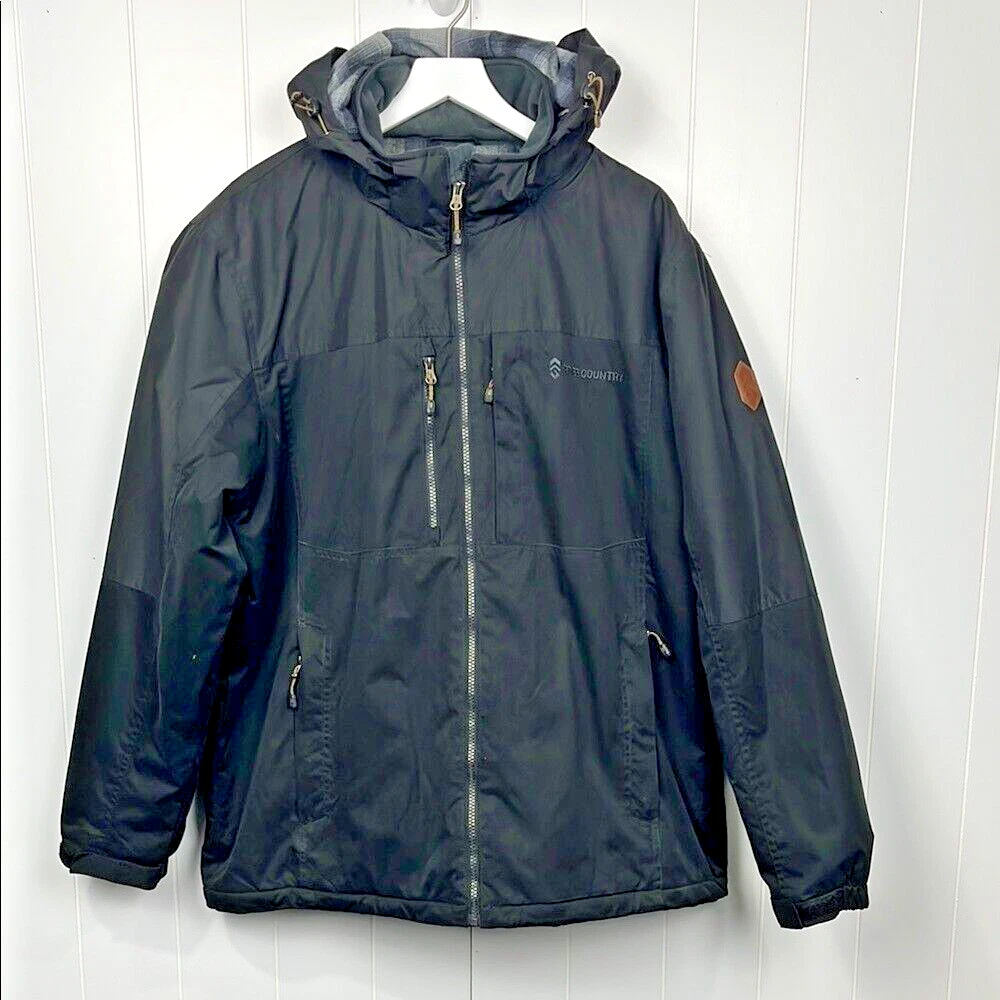 Free Country Mens Coat/Jacket XL 46-48 Black Hood Zip Pockets Quilted Lining EUC