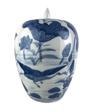 Chinese Blue and White Porcelain Ginger Jar Crane and Lotus Motif with Lid