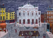 Antique NAIVE PAINTING Gouache drawing "Sunday evening Place de l'Opéra" Signed FIRST