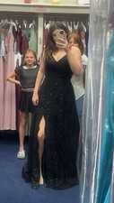 Black Sequin Ball Gown Prom Dress, V-Cut Front with Lace Back 