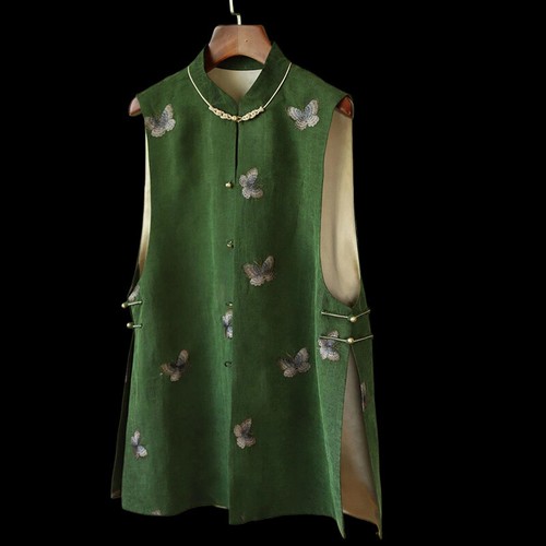 Chinese-style Top Green Vest Women's Spring Crew Neck Retro Printed Gilet Jacket - Picture 10 of 11