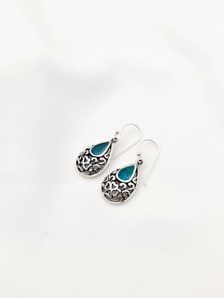 Pendientes colgantes de crisocola de plata de ley 925 de piedra Eilat verde Foto 4 de 4