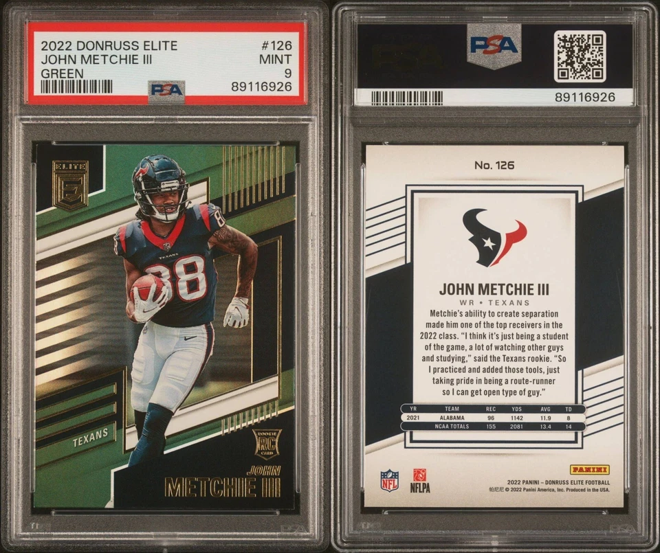 2022 DONRUSS ELITE JOHN METCHIE III ROOKIE GREEN SP TEXANS #126 RC - PSA 9 POP 1 - Image 3 of 4