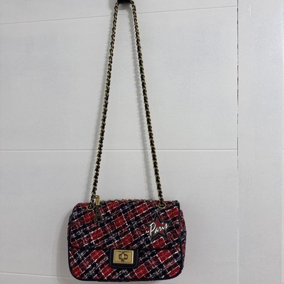 KARL LAGERFELD PARIS Agyness Tweed Turnlock Flap Shoulder Bag Red Navy 