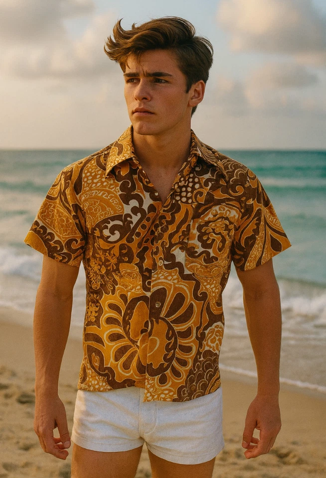 Vintage 60s/70s Men's SS Hawaiian GVH Print Aloha Shirt - Sz S/M - Brown + Gold - Image 3 of 4