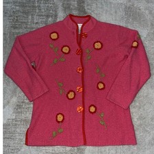 Susan Bristol Vintage Pink Hand Embroidered Floral Cardigan Sweater Large Womens