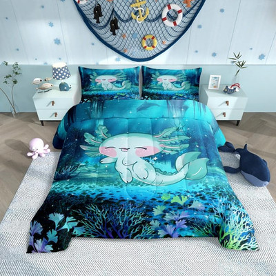 Cute Axolotl King Size Comforter Set, Soft 3D Sea Creature Bedding 3 Pcs