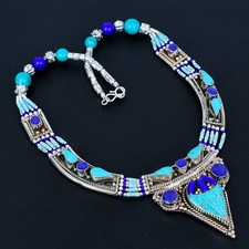 Collana turchese lapislazzuli etnica argento sterling 925 tibetano nepalese 1...