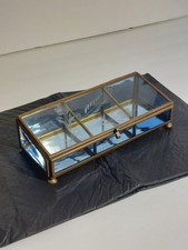 Brass Royal Blue Glass Mirror Trinket Jewelry Box feet 6.25 X 2.5" Etched