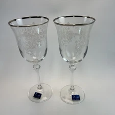 Le Stelle Italy Crystal Wine Glass Floral Gold Trim Set Of 2