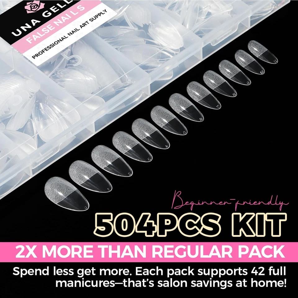 Puntas de uñas de gel de almendras UNA GELLA 504 PIEZAS, cubierta completa transparente media suave prensado Foto 4 de 4