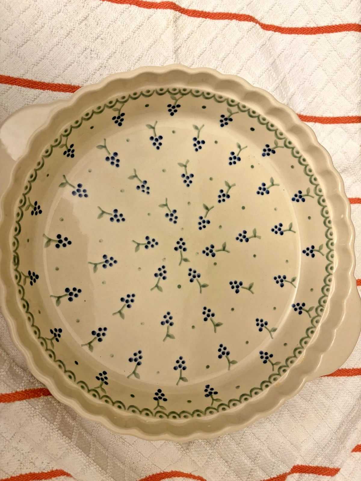 Handmade Polish Pottery Pie Dish W. Hadecka 504 Blue Berry Pattern, Scalloped Ed