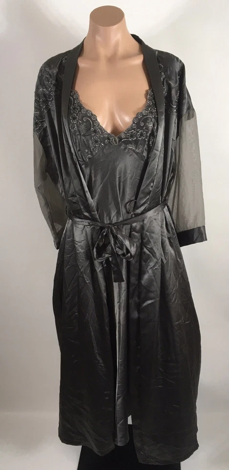 Conjunto de Noiva Vintage Lua de Mel Peignoir Seda Preta Longa Camisola Robe Luxos G - Imagem 3 de 4