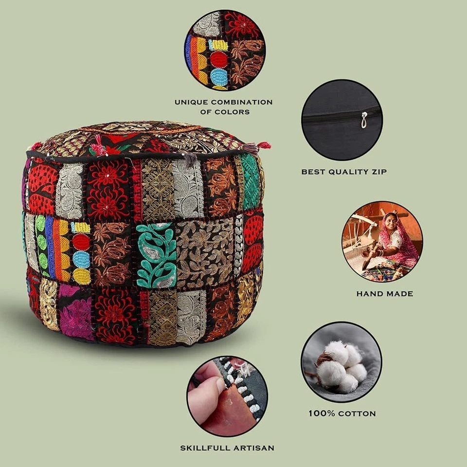 Indian Ottoman round stool pouf cover patchwork pouffe footstool cover storage - Image 3 of 4
