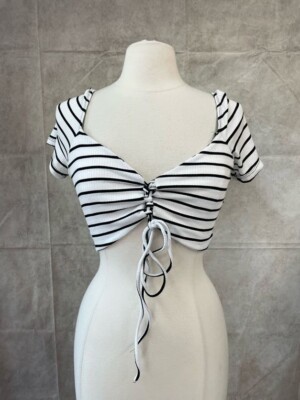 Haley & Jane Women's Cropped Blouse Top Striped White/Black Size L