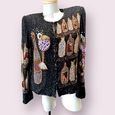 Mark John Gopal $259 Beaded Silk Jacket Wine Bottle Tasting Rare Womens Black
