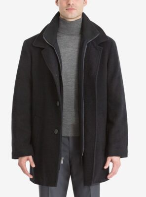 $395 Calvin Klein Mens Black Overcoat Peacoat Wool-Blend Jacket