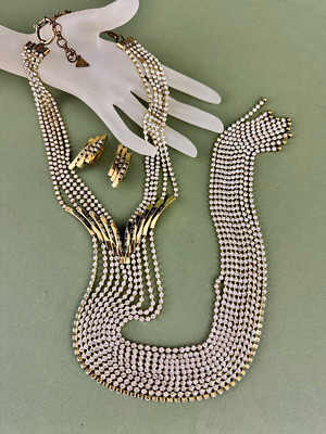 Ermani Bulatti Deco Style 5 Strand Clear Rhinestones Pave Necklace Earrings Set