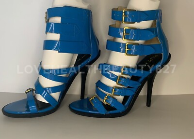 Paper Fox Blue Patent Leather Strappy Open Toe Stiletto Heels Size 8 US