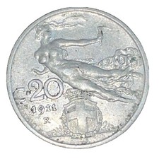 Moneta Italia 20 Centesimi 1911 Re Vittorio Emanuele III Liberty Scudo Savoia 20¢