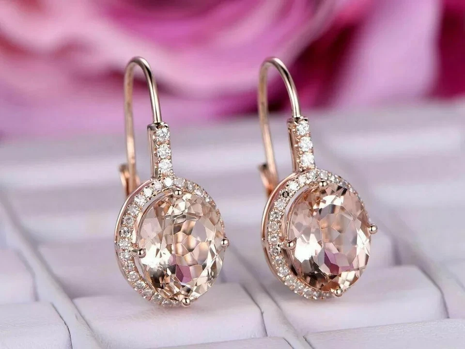 4.00 Ct Oval Cut Morganite Lab-Created Dangle-Drop Earrings 14K Rose Gold Plated - Image 2 of 4