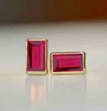 Lab Created Red Ruby 2Ct Emerald Cut Women's Stud Earring 14K Yellow Gold Plated