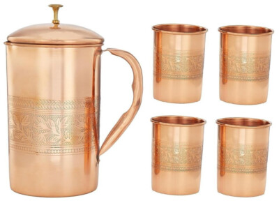 100% Copper Water Jug Embossed 1.5 Ltr 4 Drinking Pitcher Tumbler Glass 300 ml