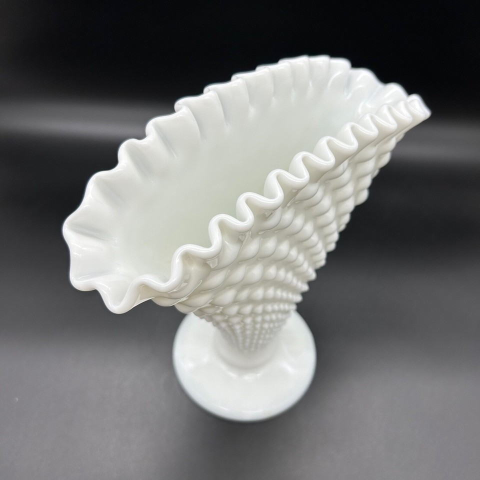 Vtg Fenton Hobnail White Milk Glass Fan Vase 8 Inches Introduced 1958