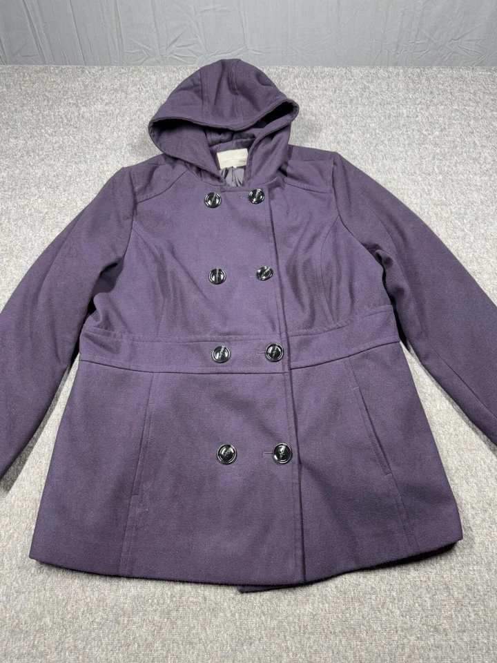 Marvin Richards Pea Coat Womens XL Purple Double Breasted Hooded Lined - Image 2 of 4