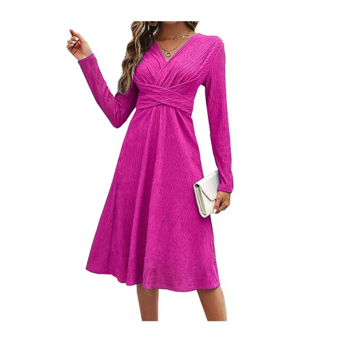 Damen Midikleid Mit V-Ausschnitt Langärmelig Cocktailkleider A-Linien-Kleid* | - Picture 7 of 31