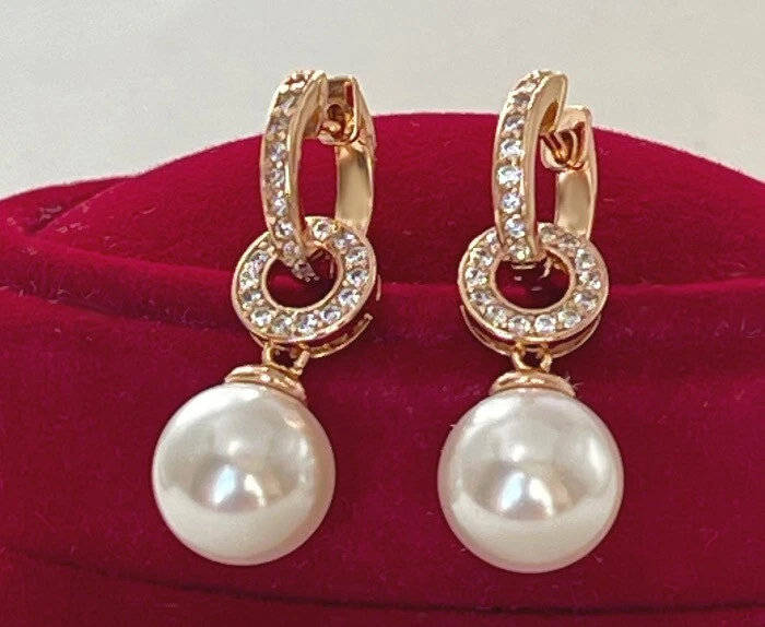 Luxus 2 Tlg. Perlen Ohrringe Creole Zirkonia 750er Rolled Gold 18K vergoldet - Bild 3 von 4